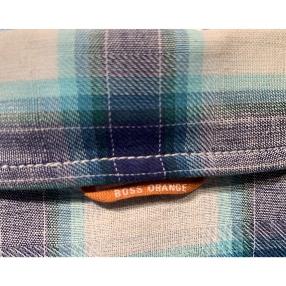 Boss Orange Hugo Boss Turn Back Cuffs S Blue/White Plaid Cotton Linen Blend - Picture 6 of 16